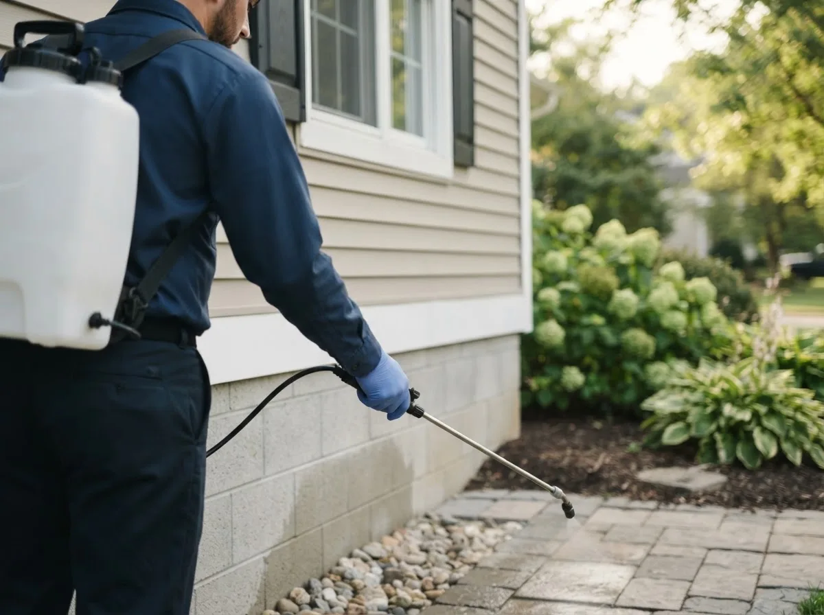 Pest control technician inspecting a home in Moweaqua, IL